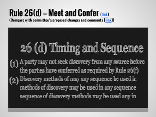 Rule 26(d) -- Meet and Confer (link)
(Compare with committee’s proposed changes and comments [link])
 