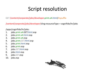 Script resolution
GET /content/corporate/jobs/developer.print.a4.html/mysuffix
/content/corporate/jobs/developer/sling:resourceType = cognifide/hr/jobs
/apps/cognifide/hr/jobs:
1. jobs.print.a4.GET.html.esp
2. jobs.print.a4.html.esp
3. jobs.print.a4.esp
4. jobs.print.GET.html.esp
5. jobs.print.html.esp
6. jobs.print.esp
7. jobs.GET.html.esp
8. jobs.html.esp
9. jobs.GET.esp
10. jobs.esp
 