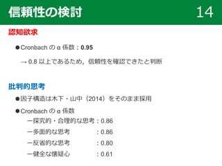 信頼性の検討 14
認知欲求
●Cronbach の α 係数：0.95
→ 0.8 以上であるため，信頼性を確認できたと判断
批判的思考
●因子構造は木下・山中（2014）をそのまま採用
●Cronbach の α 係数
ー探究的・合理的な思考：0.86
ー多面的な思考 ：0.86
ー反省的な思考 ：0.80
ー健全な懐疑心 ：0.61
 