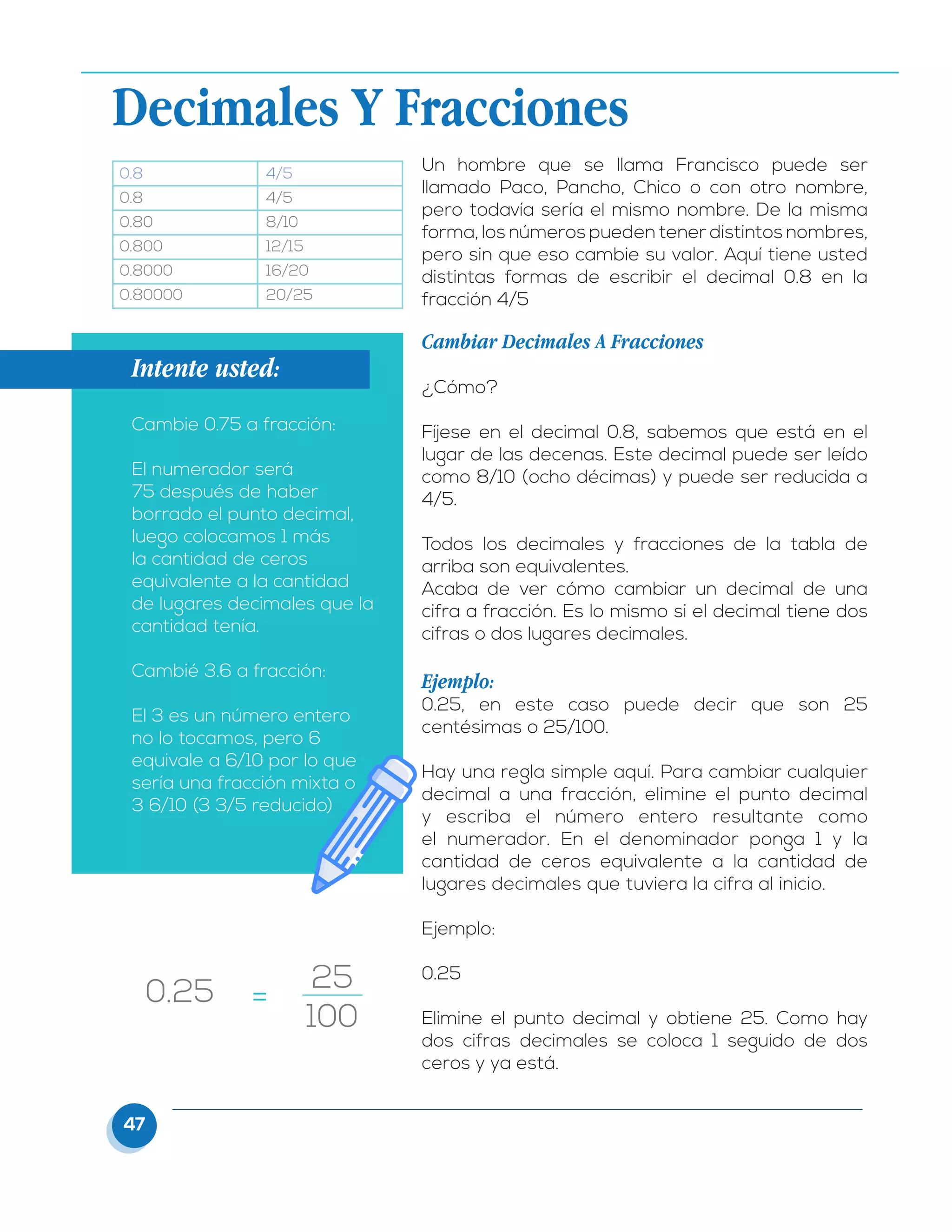 47
Decimales Y Fracciones
Un hombre que se llama Francisco puede ser
llamado Paco, Pancho, Chico o con otro nombre,
pero todavía sería el mismo nombre. De la misma
forma, los números pueden tener distintos nombres,
pero sin que eso cambie su valor. Aquí tiene usted
distintas formas de escribir el decimal 0.8 en la
fracción 4/5
Cambiar Decimales A Fracciones
¿Cómo?
Fíjese en el decimal 0.8, sabemos que está en el
lugar de las decenas. Este decimal puede ser leído
como 8/10 (ocho décimas) y puede ser reducida a
4/5.
Todos los decimales y fracciones de la tabla de
arriba son equivalentes.
Acaba de ver cómo cambiar un decimal de una
cifra a fracción. Es lo mismo si el decimal tiene dos
cifras o dos lugares decimales.
Ejemplo:
0.25, en este caso puede decir que son 25
centésimas o 25/100.
Hay una regla simple aquí. Para cambiar cualquier
decimal a una fracción, elimine el punto decimal
y escriba el número entero resultante como
el numerador. En el denominador ponga 1 y la
cantidad de ceros equivalente a la cantidad de
lugares decimales que tuviera la cifra al inicio.
Ejemplo:
0.25
Elimine el punto decimal y obtiene 25. Como hay
dos cifras decimales se coloca 1 seguido de dos
ceros y ya está.
0.8 		 4/5
0.8 		 4/5
0.80 		 8/10
0.800 		 12/15
0.8000 	 16/20
0.80000 	 20/25
Intente usted:
Cambie 0.75 a fracción:
El numerador será
75 después de haber
borrado el punto decimal,
luego colocamos 1 más
la cantidad de ceros
equivalente a la cantidad
de lugares decimales que la
cantidad tenía.
Cambié 3.6 a fracción:
El 3 es un número entero
no lo tocamos, pero 6
equivale a 6/10 por lo que
sería una fracción mixta o
3 6/10 (3 3/5 reducido)
25
100
0.25 =
 