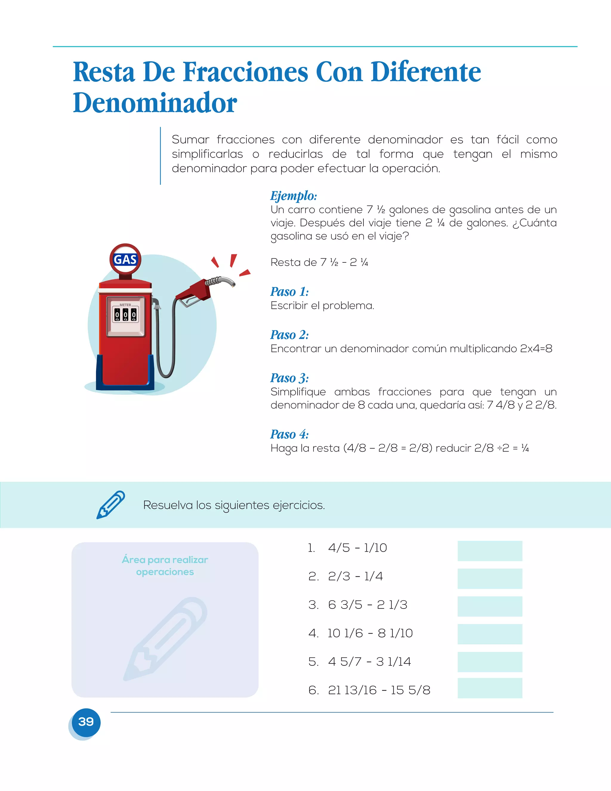 39
Resta De Fracciones Con Diferente
Denominador
Sumar fracciones con diferente denominador es tan fácil como
simplificarlas o reducirlas de tal forma que tengan el mismo
denominador para poder efectuar la operación.
Ejemplo:
Un carro contiene 7 ½ galones de gasolina antes de un
viaje. Después del viaje tiene 2 ¼ de galones. ¿Cuánta
gasolina se usó en el viaje?
Resta de 7 ½ - 2 ¼
Paso 1:
Escribir el problema.
Paso 2:
Encontrar un denominador común multiplicando 2x4=8
Paso 3:
Simplifique ambas fracciones para que tengan un
denominador de 8 cada una, quedaría así: 7 4/8 y 2 2/8.
Paso 4:
Haga la resta (4/8 – 2/8 = 2/8) reducir 2/8 ÷2 = ¼
Resuelva los siguientes ejercicios.
1.	 4/5 - 1/10
2.	 2/3 - 1/4
3.	 6 3/5 - 2 1/3
4.	 10 1/6 - 8 1/10
5.	 4 5/7 - 3 1/14
6.	 21 13/16 - 15 5/8
Área para realizar
operaciones
 