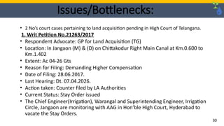 • 2 No’s court cases pertaining to land acquisition pending in High Court of Telangana.
1. Writ Petition No.21263/2017
• Respondent Advocate: GP for Land Acquisition (TG)
• Location: In Jangaon (M) & (D) on Chittakodur Right Main Canal at Km.0.600 to
Km.1.402
• Extent: Ac 04-26 Gts
• Reason for Filing: Demanding Higher Compensation
• Date of Filing: 28.06.2017.
• Last Hearing: Dt. 07.04.2026.
• Action taken: Counter filed by LA Authorities
• Current Status: Stay Order issued
• The Chief Engineer(Irrigation), Warangal and Superintending Engineer, Irrigation
Circle, Jangaon are monitoring with AAG in Hon’ble High Court, Hyderabad to
vacate the Stay Orders.
Issues/Bottlenecks:
30
 