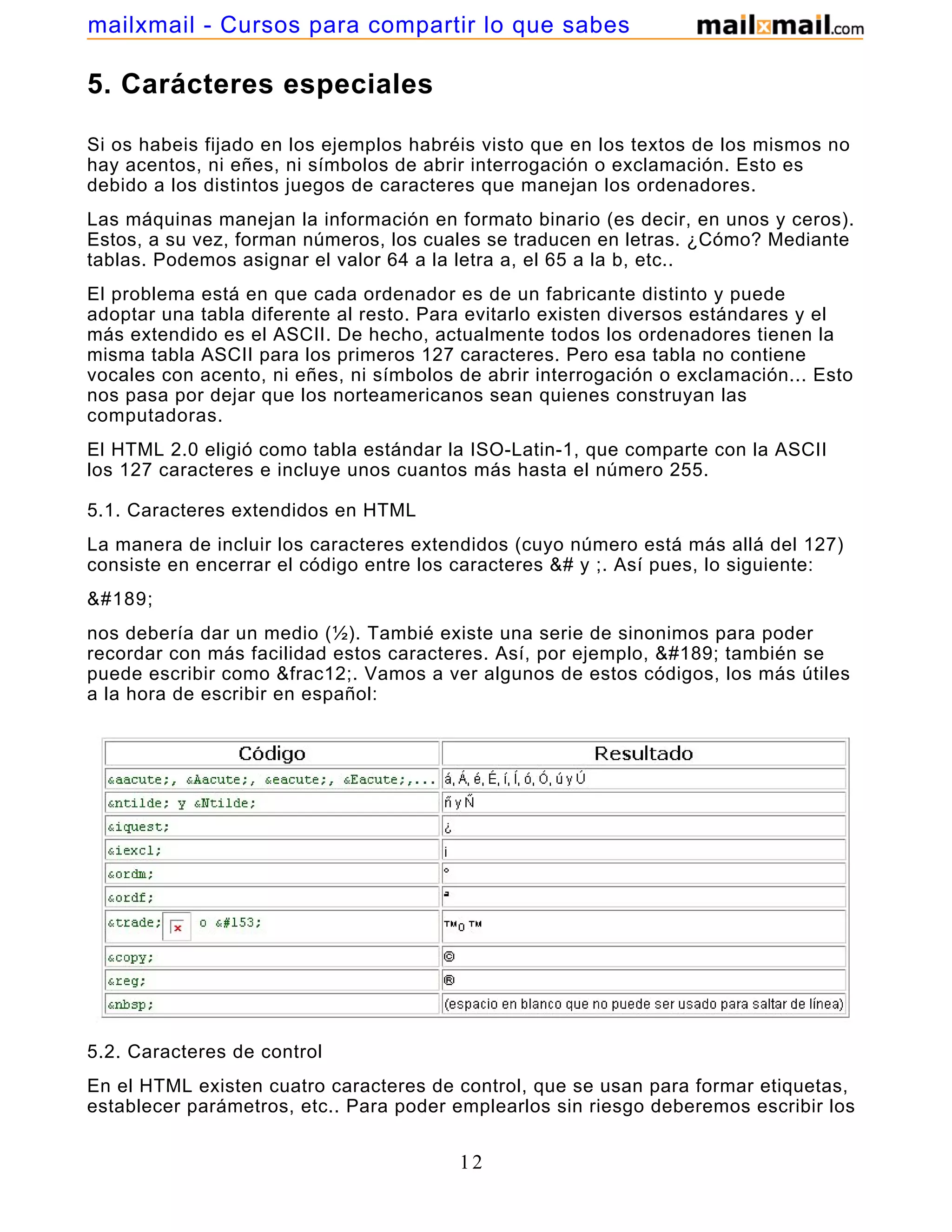 5. Carácteres especiales
Si os habeis fijado en los ejemplos habréis visto que en los textos de los mismos no
hay acentos, ni eñes, ni símbolos de abrir interrogación o exclamación. Esto es
debido a los distintos juegos de caracteres que manejan los ordenadores.
Las máquinas manejan la información en formato binario (es decir, en unos y ceros).
Estos, a su vez, forman números, los cuales se traducen en letras. ¿Cómo? Mediante
tablas. Podemos asignar el valor 64 a la letra a, el 65 a la b, etc..
El problema está en que cada ordenador es de un fabricante distinto y puede
adoptar una tabla diferente al resto. Para evitarlo existen diversos estándares y el
más extendido es el ASCII. De hecho, actualmente todos los ordenadores tienen la
misma tabla ASCII para los primeros 127 caracteres. Pero esa tabla no contiene
vocales con acento, ni eñes, ni símbolos de abrir interrogación o exclamación... Esto
nos pasa por dejar que los norteamericanos sean quienes construyan las
computadoras.
El HTML 2.0 eligió como tabla estándar la ISO-Latin-1, que comparte con la ASCII
los 127 caracteres e incluye unos cuantos más hasta el número 255.
5.1. Caracteres extendidos en HTML
La manera de incluir los caracteres extendidos (cuyo número está más allá del 127)
consiste en encerrar el código entre los caracteres &# y ;. Así pues, lo siguiente:
&#189;
nos debería dar un medio (½). Tambié existe una serie de sinonimos para poder
recordar con más facilidad estos caracteres. Así, por ejemplo, &#189; también se
puede escribir como &frac12;. Vamos a ver algunos de estos códigos, los más útiles
a la hora de escribir en español:
5.2. Caracteres de control
En el HTML existen cuatro caracteres de control, que se usan para formar etiquetas,
establecer parámetros, etc.. Para poder emplearlos sin riesgo deberemos escribir los
12
mailxmail - Cursos para compartir lo que sabes
 