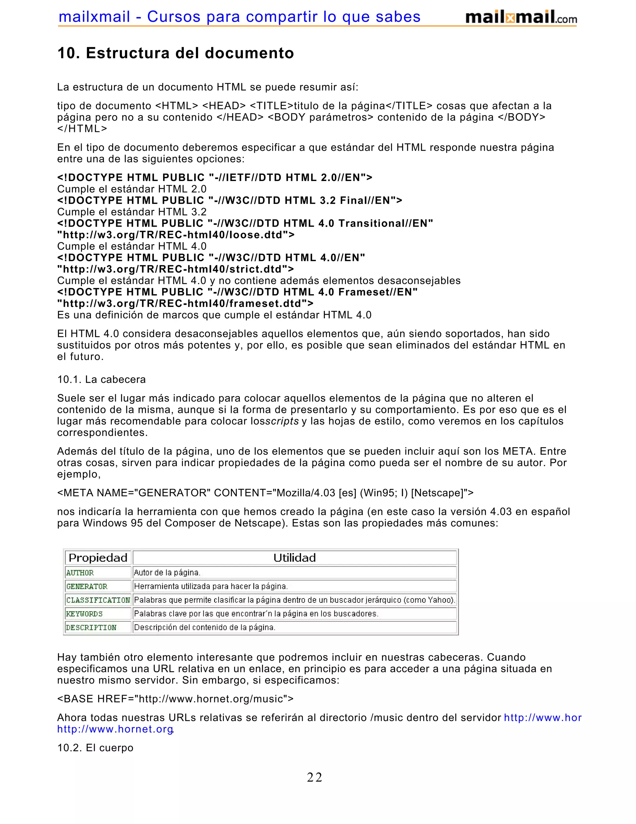 10. Estructura del documento
La estructura de un documento HTML se puede resumir así:
tipo de documento <HTML> <HEAD> <TITLE>titulo de la página</TITLE> cosas que afectan a la
página pero no a su contenido </HEAD> <BODY parámetros> contenido de la página </BODY>
</HTML>
En el tipo de documento deberemos especificar a que estándar del HTML responde nuestra página
entre una de las siguientes opciones:
<!DOCTYPE HTML PUBLIC "-//IETF//DTD HTML 2.0//EN">
Cumple el estándar HTML 2.0
<!DOCTYPE HTML PUBLIC "-//W3C//DTD HTML 3.2 Final//EN">
Cumple el estándar HTML 3.2
<!DOCTYPE HTML PUBLIC "-//W3C//DTD HTML 4.0 Transitional//EN"
"http://w3.org/TR/REC-html40/loose.dtd">
Cumple el estándar HTML 4.0
<!DOCTYPE HTML PUBLIC "-//W3C//DTD HTML 4.0//EN"
"http://w3.org/TR/REC-html40/strict.dtd">
Cumple el estándar HTML 4.0 y no contiene además elementos desaconsejables
<!DOCTYPE HTML PUBLIC "-//W3C//DTD HTML 4.0 Frameset//EN"
"http://w3.org/TR/REC-html40/frameset.dtd">
Es una definición de marcos que cumple el estándar HTML 4.0
El HTML 4.0 considera desaconsejables aquellos elementos que, aún siendo soportados, han sido
sustituidos por otros más potentes y, por ello, es posible que sean eliminados del estándar HTML en
el futuro.
10.1. La cabecera
Suele ser el lugar más indicado para colocar aquellos elementos de la página que no alteren el
contenido de la misma, aunque si la forma de presentarlo y su comportamiento. Es por eso que es el
lugar más recomendable para colocar losscripts y las hojas de estilo, como veremos en los capítulos
correspondientes.
Además del título de la página, uno de los elementos que se pueden incluir aquí son los META. Entre
otras cosas, sirven para indicar propiedades de la página como pueda ser el nombre de su autor. Por
ejemplo,
<META NAME="GENERATOR" CONTENT="Mozilla/4.03 [es] (Win95; I) [Netscape]">
nos indicaría la herramienta con que hemos creado la página (en este caso la versión 4.03 en español
para Windows 95 del Composer de Netscape). Estas son las propiedades más comunes:
Hay también otro elemento interesante que podremos incluir en nuestras cabeceras. Cuando
especificamos una URL relativa en un enlace, en principio es para acceder a una página situada en
nuestro mismo servidor. Sin embargo, si especificamos:
<BASE HREF="http://www.hornet.org/music">
Ahora todas nuestras URLs relativas se referirán al directorio /music dentro del servidor http://www.hornet.org
http://www.hornet.org.
10.2. El cuerpo
22
mailxmail - Cursos para compartir lo que sabes
 