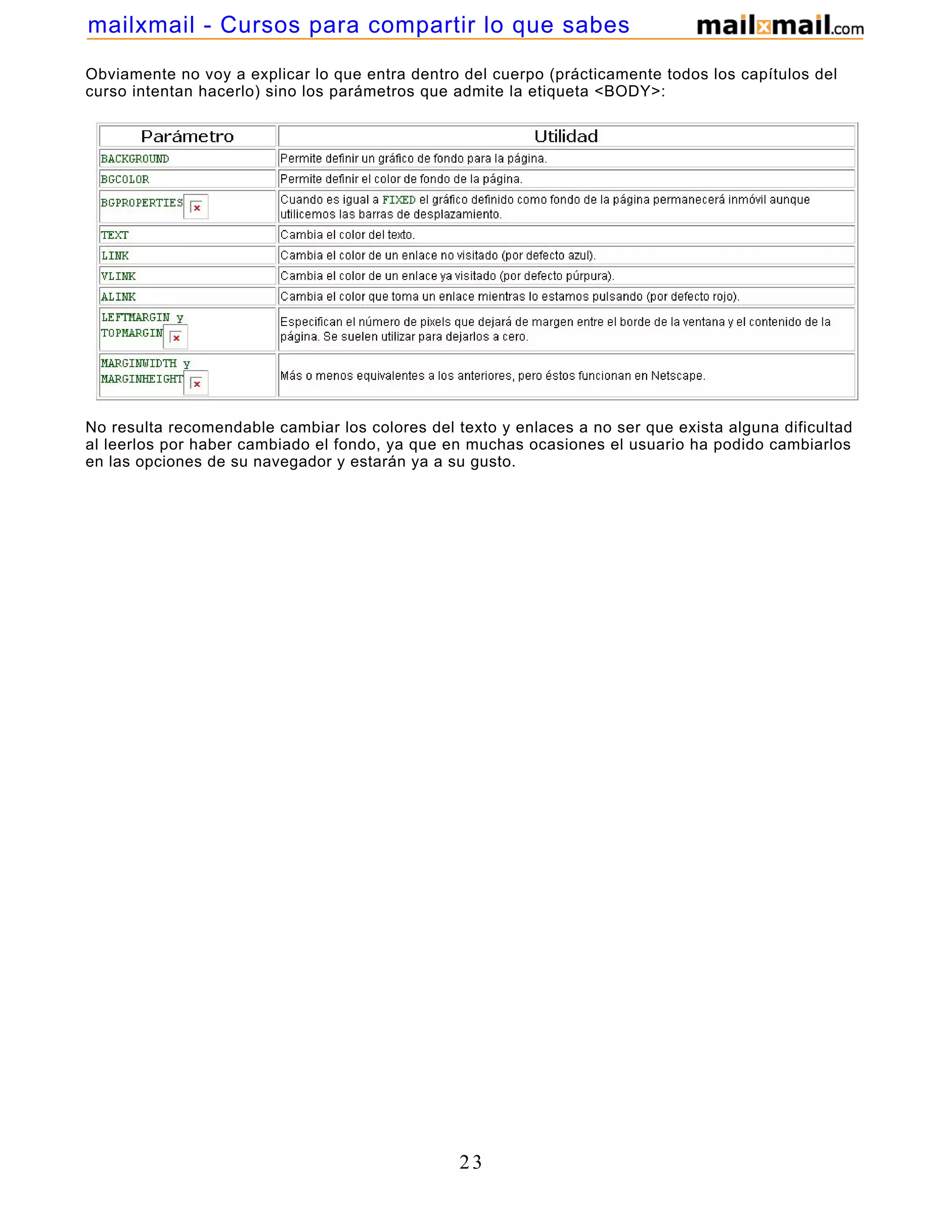 Obviamente no voy a explicar lo que entra dentro del cuerpo (prácticamente todos los capítulos del
curso intentan hacerlo) sino los parámetros que admite la etiqueta <BODY>:
No resulta recomendable cambiar los colores del texto y enlaces a no ser que exista alguna dificultad
al leerlos por haber cambiado el fondo, ya que en muchas ocasiones el usuario ha podido cambiarlos
en las opciones de su navegador y estarán ya a su gusto.
23
mailxmail - Cursos para compartir lo que sabes
 