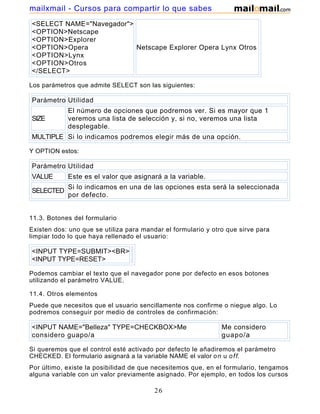<SELECT NAME="Navegador">
<OPTION>Netscape
<OPTION>Explorer
<OPTION>Opera
<OPTION>Lynx
<OPTION>Otros
</SELECT>
Netscape Explorer Opera Lynx Otros
Los parámetros que admite SELECT son las siguientes:
Parámetro Utilidad
SIZE
El número de opciones que podremos ver. Si es mayor que 1
veremos una lista de selección y, si no, veremos una lista
desplegable.
MULTIPLE Si lo indicamos podremos elegir más de una opción.
Y OPTION estos:
Parámetro Utilidad
VALUE Este es el valor que asignará a la variable.
SELECTED
Si lo indicamos en una de las opciones esta será la seleccionada
por defecto.
11.3. Botones del formulario
Existen dos: uno que se utiliza para mandar el formulario y otro que sirve para
limpiar todo lo que haya rellenado el usuario:
<INPUT TYPE=SUBMIT><BR>
<INPUT TYPE=RESET>
Podemos cambiar el texto que el navegador pone por defecto en esos botones
utilizando el parámetro VALUE.
11.4. Otros elementos
Puede que necesitos que el usuario sencillamente nos confirme o niegue algo. Lo
podremos conseguir por medio de controles de confirmación:
<INPUT NAME="Belleza" TYPE=CHECKBOX>Me
considero guapo/a
Me considero
guapo/a
Si queremos que el control esté activado por defecto le añadiremos el parámetro
CHECKED. El formulario asignará a la variable NAME el valor on u off.
Por último, existe la posibilidad de que necesitemos que, en el formulario, tengamos
alguna variable con un valor previamente asignado. Por ejemplo, en todos los cursos
26
mailxmail - Cursos para compartir lo que sabes
 