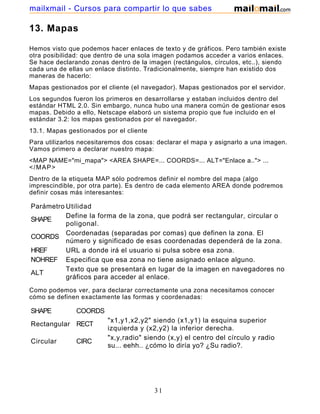 13. Mapas
Hemos visto que podemos hacer enlaces de texto y de gráficos. Pero también existe
otra posibilidad: que dentro de una sola imagen podamos acceder a varios enlaces.
Se hace declarando zonas dentro de la imagen (rectángulos, círculos, etc..), siendo
cada una de ellas un enlace distinto. Tradicionalmente, siempre han existido dos
maneras de hacerlo:
Mapas gestionados por el cliente (el navegador). Mapas gestionados por el servidor.
Los segundos fueron los primeros en desarrollarse y estaban incluidos dentro del
estándar HTML 2.0. Sin embargo, nunca hubo una manera común de gestionar esos
mapas. Debido a ello, Netscape elaboró un sistema propio que fue incluido en el
estándar 3.2: los mapas gestionados por el navegador.
13.1. Mapas gestionados por el cliente
Para utilizarlos necesitaremos dos cosas: declarar el mapa y asignarlo a una imagen.
Vamos primero a declarar nuestro mapa:
<MAP NAME="mi_mapa"> <AREA SHAPE=... COORDS=... ALT="Enlace a.."> ...
</MAP>
Dentro de la etiqueta MAP sólo podremos definir el nombre del mapa (algo
imprescindible, por otra parte). Es dentro de cada elemento AREA donde podremos
definir cosas más interesantes:
Parámetro Utilidad
SHAPE
Define la forma de la zona, que podrá ser rectangular, circular o
poligonal.
COORDS
Coordenadas (separadas por comas) que definen la zona. El
número y significado de esas coordenadas dependerá de la zona.
HREF URL a donde irá el usuario si pulsa sobre esa zona.
NOHREF Especifica que esa zona no tiene asignado enlace alguno.
ALT
Texto que se presentará en lugar de la imagen en navegadores no
gráficos para acceder al enlace.
Como podemos ver, para declarar correctamente una zona necesitamos conocer
cómo se definen exactamente las formas y coordenadas:
SHAPE COORDS
Rectangular RECT
"x1,y1,x2,y2" siendo (x1,y1) la esquina superior
izquierda y (x2,y2) la inferior derecha.
Circular CIRC
"x,y,radio" siendo (x,y) el centro del círculo y radio
su... eehh.. ¿cómo lo diría yo? ¿Su radio?.
"x1,y1,x2,y2,x3,y3,..." definiendo cada pareja (x,y)
31
mailxmail - Cursos para compartir lo que sabes
 