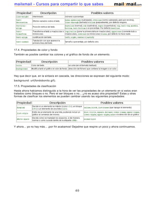 17.4. Propiedades de color y fondo
También es posible cambiar los colores y el gráfico de fondo de un elemento.
Hay que decir que, en la sintaxis en cascada, las direcciones se expresan del siguiente modo:
background: url(fondobonito.gif);
17.5. Propiedades de clasificación
Hasta ahora habíamos distinguido a la hora de ver las propiedades de un elemento en si estos eran
tratados como bloques o no. Pero el ser bloques o no... ¿no es acaso otra propiedad? Estas y otras
formas de clasificar los elementos se pueden cambiar usando las siguientes propiedades:
Y ahora... ya no hay más... ¡por fín acabamos! Dejadme que respire un poco y ahora continuamos.
40
mailxmail - Cursos para compartir lo que sabes
 