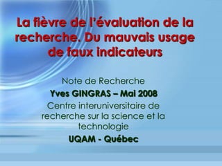 Principaux	problèmes	liés	au	H	index	
•  Cumul	arithméIque	associé	à	l’ancienneté:	le	
jeune	chercheur	très	talentueux	n’est	pas	
reconnu	
•  Le	plus	souvent	(sauf	par	ex.	en	biomédecine),	
tous	les	co-auteurs	capitalisent	les	citaIons	de	
manière	idenIque,	quelle	que	soit	leur	
contribuIon	intellectuelle	réelle	
•  Calcul	contaminé	par	les	biais	du	système	de	
citaIons	
 