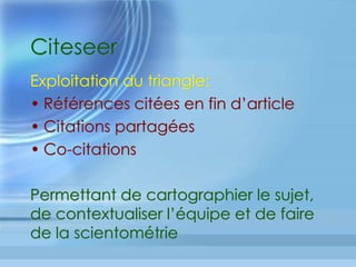 IdenIté	du	chercheur	
Liste	des	publicaIons	dans	l’ordre	décroissant	du	
nombre	de	leurs	citaIons	;	s/s	classement	chrono	
décroissant	
Bibliométrie	appliquée	à	un	chercheur	s’idenIﬁant	sur	Scholar	Google	
avec	son	Google	Id.	(exemple:	adresse	gmail)	
 