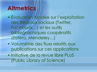 Fac of 1000 (3)
•  F1000 Article Factor (Ffa) = score le plus
élevé + 1 « incrément » de 1 à 3 gradué
par rapport aux 3 catégories, imputable
à chaque examinateur supplémentaire
vs. de celui qui a attribué le score le plus
élevé
•  La valeur du Ffa s’accroît en fonction du
nombre d’examinateurs
 