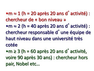 •m  1 (h = 20 après 20 ans d’activité) :
chercheur de « bon niveau »
•m  2 (h = 40 après 20 ans d’activité) :
chercheur ...