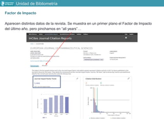 Unidad de Bibliometría
Factor de Impacto
Aparecen distintos datos de la revista. Se muestra en un primer plano el Factor de Impacto
del último año, pero pinchamos en “all years”…
 