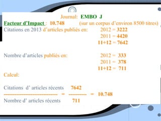 Journal: EMBO J
Facteur d’Impact : 10.748  (sur un corpus d’environ 8500 titres)
Citations en 2013 d’articles publiés en: 2012 = 3222 
2011 = 4420
11+12 = 7642
Nombre d’articles publiés en: 2012 = 333 
2011 = 378
11+12 = 711
Calcul:
Citations d’ articles récents 7642
------------------------------ = ---------- = 10.748
Nombre d’ articles récents 711
 