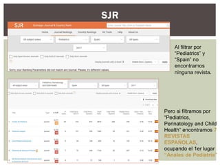 SJR
Al filtrar por
“Pediatrics” y
“Spain” no
encontramos
ninguna revista.
Pero si filtramos por
“Pediatrics,
Perinatology and Child
Health” encontramos 7
REVISTAS
ESPAÑOLAS,
ocupando el 1er lugar
“Anales de Pediatría”
 