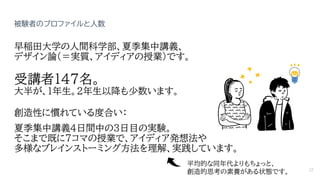 被験者のプロファイルと人数
早稲田大学の人間科学部、夏季集中講義、
デザイン論（＝実質、アイディアの授業）です。
受講者147名。
大半が、1年生。2年生以降も少数います。
創造性に慣れている度合い：
夏季集中講義4日間中の3日目の実験。
そこまで既に7コマの授業で、アイディア発想法や
多様なブレインストーミング方法を理解、実践しています。
平均的な同年代よりもちょっと、
創造的思考の素養がある状態です。 12
 