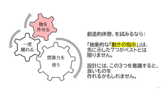 創造的休憩、を試みるなら：
「抽象的な「動きの指示」」は、
先に示した７つがベストとは
限りません。
設計には、この3つを意識すると、
良いものを
作れるかもしれません。
想像力を
使う
一度
離れる
枷を
外せる
36
 