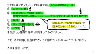 先の実験をヒントに、この実験では、【5つの休憩スタイル】
① 「自由に行動」
② 「具体な指示や制限はなく、
抽象的な動きの指示（≒コンセプトレベル）を実現するように身体を動かす」
③ 「瞑目」
④ 「ネットで調べもの」
⑤ 「SNS」
を提示し、各自に選択・実施をしてもらいました。
さあ、その結果、創造的になったと感じた人が多かったのはどれか？
これを発表します。
7
「空想上のイキモノを手懐ける」や
「既成概念をたたき割る」といった、
 