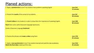 Planed actions:
1. Apply a questionnaire to see if my students have problems speaking English June 2nd
15 minutes
2. Present the results of the survey to my students. June 3rd
20 minutes
3. Present videos to my students in order to show them the importance of speaking English.
Teach them some useful Classroom language expressions.
Create a Classroom Language bookmark
June 10th
90 minutes
4. Practice the phrases and create a video using them. June 17th
45 minutes
5. Apply a new questionnaire to see if my students learned and used the new vocabulary.
Watch the final video made by all the class.
June 23rd
45 minutes
 