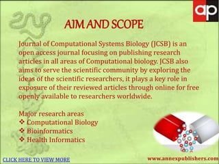 www.annexpublishers.com
AIM AND SCOPE
Journal of Computational Systems Biology (JCSB) is an
open access journal focusing on publishing research
articles in all areas of Computational biology. JCSB also
aims to serve the scientific community by exploring the
ideas of the scientific researchers, it plays a key role in
exposure of their reviewed articles through online for free
openly available to researchers worldwide.
Major research areas
 Computational Biology
 Bioinformatics
 Health Informatics
CLICK HERE TO VIEW MORE
 