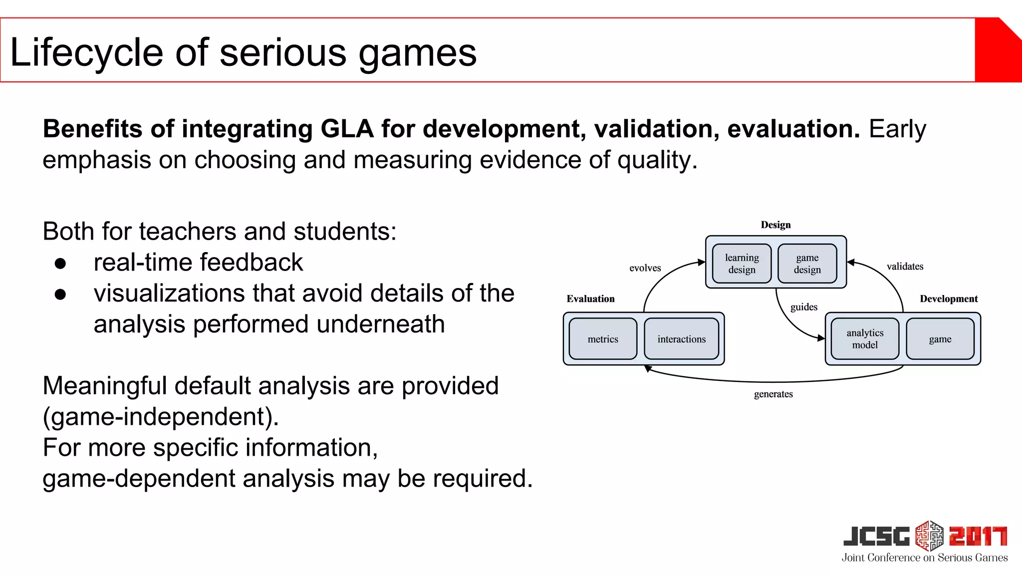 Lifecycle of serious games
Both for teachers and students:
● real-time feedback
● visualizations that avoid details of the
analysis performed underneath
Meaningful default analysis are provided
(game-independent).
For more specific information,
game-dependent analysis may be required.
Benefits of integrating GLA for development, validation, evaluation. Early
emphasis on choosing and measuring evidence of quality.
 