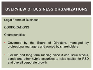 OVERVIEW OF BUSINESS ORGANIZATIONS
Legal Forms of Business
CORPORATIONS
Characteristics
• Governed by the Board of Directors, managed by
professional managers and owned by shareholders
• Flexible and long term running since it can issue stocks,
bonds and other hybrid securities to raise capital for R&D
and overall corporate growth
 