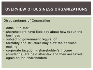 OVERVIEW OF BUSINESS ORGANIZATIONS
Disadvantages of Corporation
• difficult to start
• shareholders have little say about how to run the
business
• subject to government regulation.
• formality and structure may slow the decision
making
• corporate taxation – shareholder’s income
(dividends) are paid after-tax and then are taxed
again on the shareholders
 