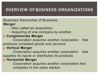 OVERVIEW OF BUSINESS ORGANIZATIONS
Business Ownership of Business
Merger
• Also called an acquisition.
• Acquiring of one company by another.
 Conglomerate Merger
Corporation acquires another corporation that
produces unrelated goods and services.
 Vertical Merger
Corporation acquires another corporation that
supplies its inputs or distributes its products.
 Horizontal Merger
Corporation acquires another corporation that
competes in the same market.
 