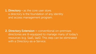 1. Directory - as the core user store,
a directory is the foundation of any identity
and access management program.
2. Directory Extension – conventional on-premises
directories are ill-equipped to manage many of today’s
resources (e.g. SaaS, IaaS). This step can be eliminated
with a Directory-as-a-Service.
 