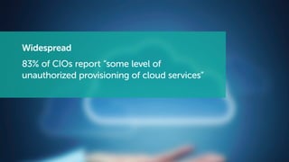 Widespread
83% of CIOs report “some level of
unauthorized provisioning of cloud services”
 