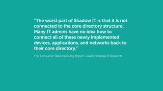 “The worst part of Shadow IT is that it is not
connected to the core directory structure.
Many IT admins have no idea how to
connect all of these newly implemented
devices, applications, and networks back to
their core directory.”
The Consumer Data Insecurity Report, Javelin Strategy & Research
 