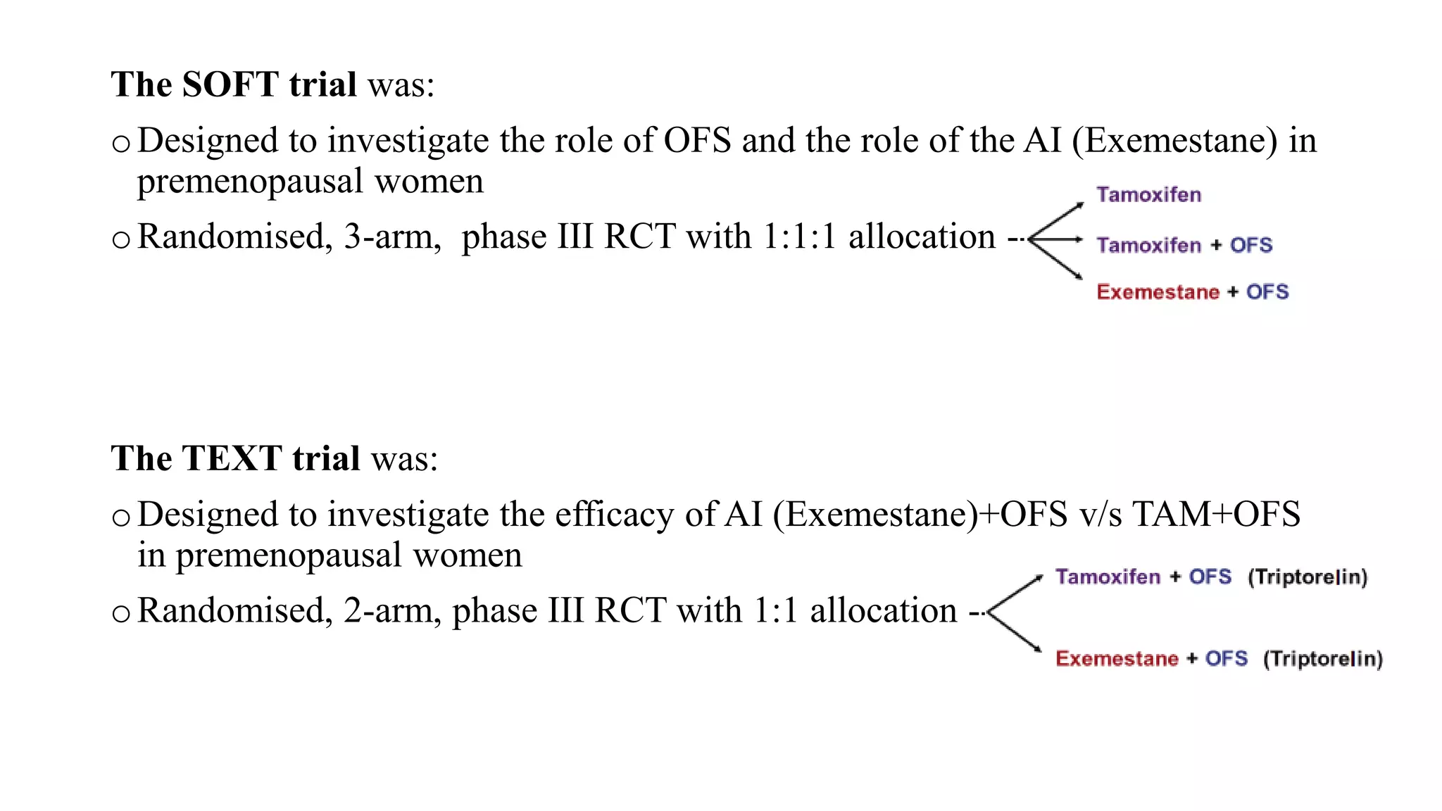 The SOFT trial was:
oDesigned to investigate the role of OFS and the role of the AI (Exemestane) in
premenopausal women
oRandomised, 3-arm, phase III RCT with 1:1:1 allocation --
The TEXT trial was:
oDesigned to investigate the efficacy of AI (Exemestane)+OFS v/s TAM+OFS
in premenopausal women
oRandomised, 2-arm, phase III RCT with 1:1 allocation --
 