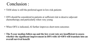 Conclusion :
• TAM alone is still the preferred agent in low-risk patients
• OFS should be considered in patients at sufficient risk to deserve adjuvant
chemotherapy and particularly when very young
• When OFS is indicated, AI further improves short-term outcomes
• The 5-year median follow-up and the low event rate are insufficient to assess
whether the significant improvement in DFS with AI+OFS will translate into an
overall survival benefit
 