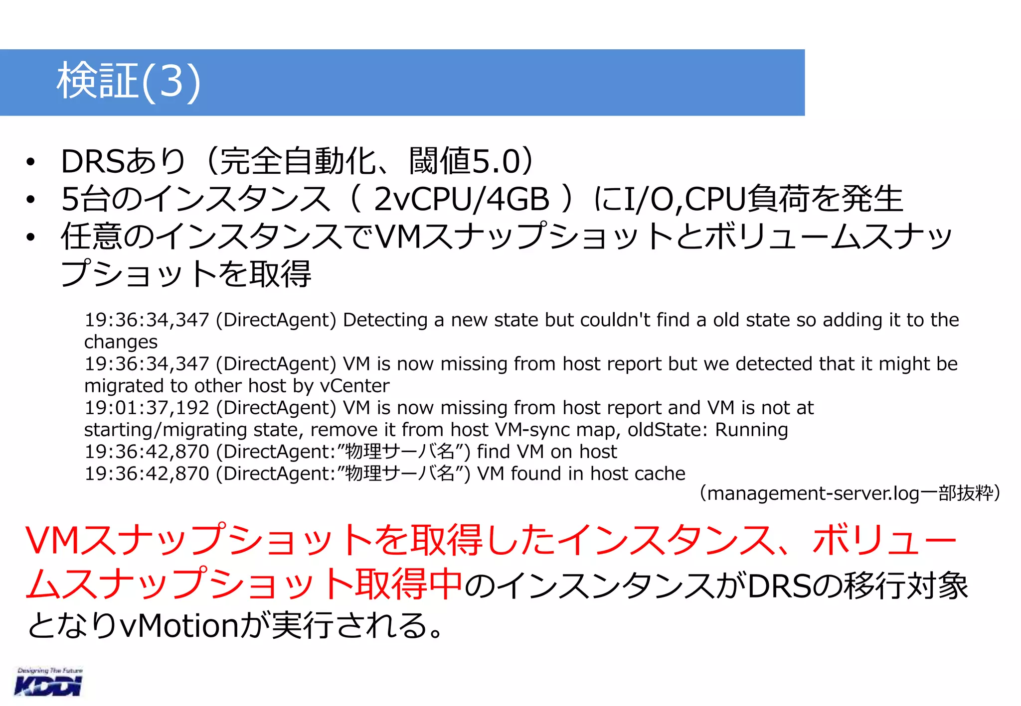 検証(3) 
• DRSあり（完全自動化、閾値5.0） 
• 5台のインスタンス（ 2vCPU/4GB ）にI/O,CPU負荷を発生 
• 任意のインスタンスでVMスナップショットとボリュームスナッ 
プショットを取得 
19:36:34,347 (DirectAgent) Detecting a new state but couldn't find a old state so adding it to the 
changes 
19:36:34,347 (DirectAgent) VM is now missing from host report but we detected that it might be 
migrated to other host by vCenter 
19:01:37,192 (DirectAgent) VM is now missing from host report and VM is not at 
starting/migrating state, remove it from host VM-sync map, oldState: Running 
19:36:42,870 (DirectAgent:”物理サーバ名”) find VM on host 
19:36:42,870 (DirectAgent:”物理サーバ名”) VM found in host cache 
（management-server.log一部抜粋） 
VMスナップショットを取得したインスタンス、ボリュー 
ムスナップショット取得中のインスンタンスがDRSの移行対象 
となりvMotionが実行される。 
 