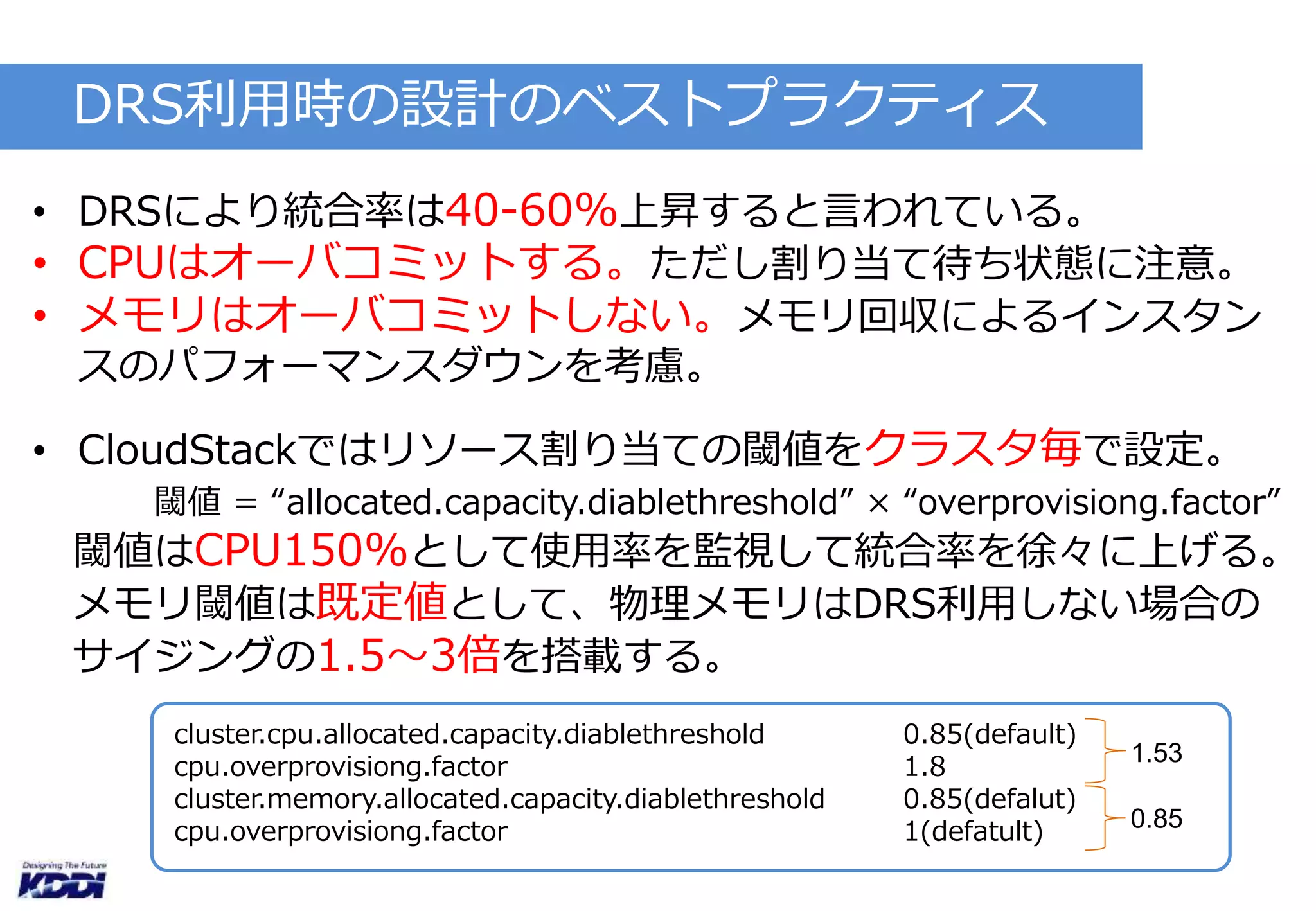 DRS利用時の設計のベストプラクティス 
• DRSにより統合率は40-60%上昇すると言われている。 
• CPUはオーバコミットする。ただし割り当て待ち状態に注意。 
• メモリはオーバコミットしない。メモリ回収によるインスタン 
スのパフォーマンスダウンを考慮。 
• CloudStackではリソース割り当ての閾値をクラスタ毎で設定。 
閾値= “allocated.capacity.diablethreshold” × “overprovisiong.factor” 
閾値はCPU150%として使用率を監視して統合率を徐々に上げる。 
メモリ閾値は既定値として、物理メモリはDRS利用しない場合の 
サイジングの1.5～3倍を搭載する。 
cluster.cpu.allocated.capacity.diablethreshold 0.85(default) 
cpu.overprovisiong.factor 1.8 
cluster.memory.allocated.capacity.diablethreshold 0.85(defalut) 
cpu.overprovisiong.factor 1(defatult) 
1.53 
0.85 
 
