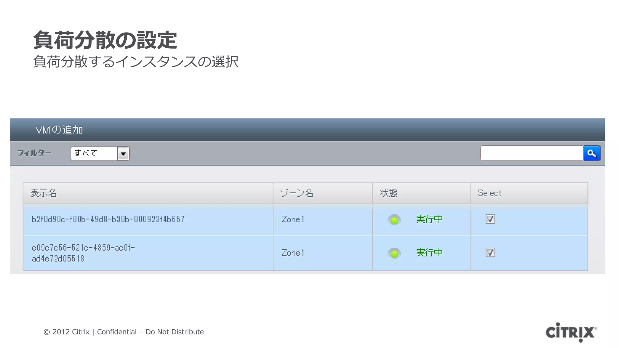 負荷分散の設定
負荷分散するインスタンスの選択




© 2012 Citrix | Confidential – Do Not Distribute
 