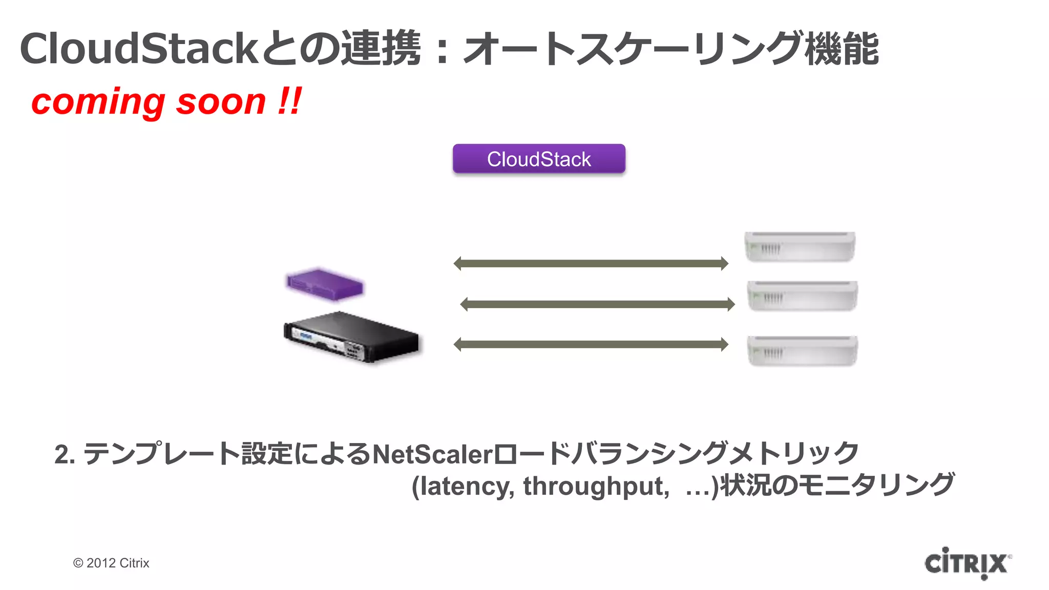 CloudStackとの連携：オートスケーリング機能
coming soon !!
                        CloudStack




 2. テンプレート設定によるNetScalerロードバランシングメトリック
                  (latency, throughput, …)状況のモニタリング

  © 2012 Citrix
 