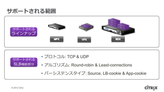 サポートされる範囲


 サポートされる
ラインナップ




                • プロトコル: TCP & UDP
 サポートされる
  SLB機能部分       • アルゴリズム: Round-robin & Least-connections

                • パーシステンスタイプ: Source, LB-cookie & App-cookie


© 2012 Citrix
 