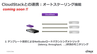 CloudStackとの連携：オートスケーリング機能
coming soon !!
                        CloudStack




 2. テンプレート設定によるNetScalerロードバランシングメトリック
                  (latency, throughput, …)状況のモニタリング

  © 2012 Citrix
 