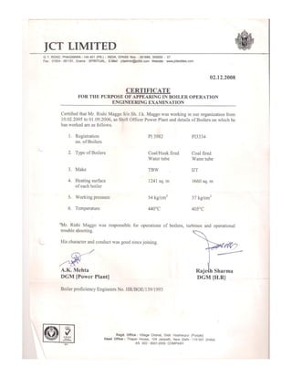 Jct certificate for Boiler Operation Engineer Exam 
