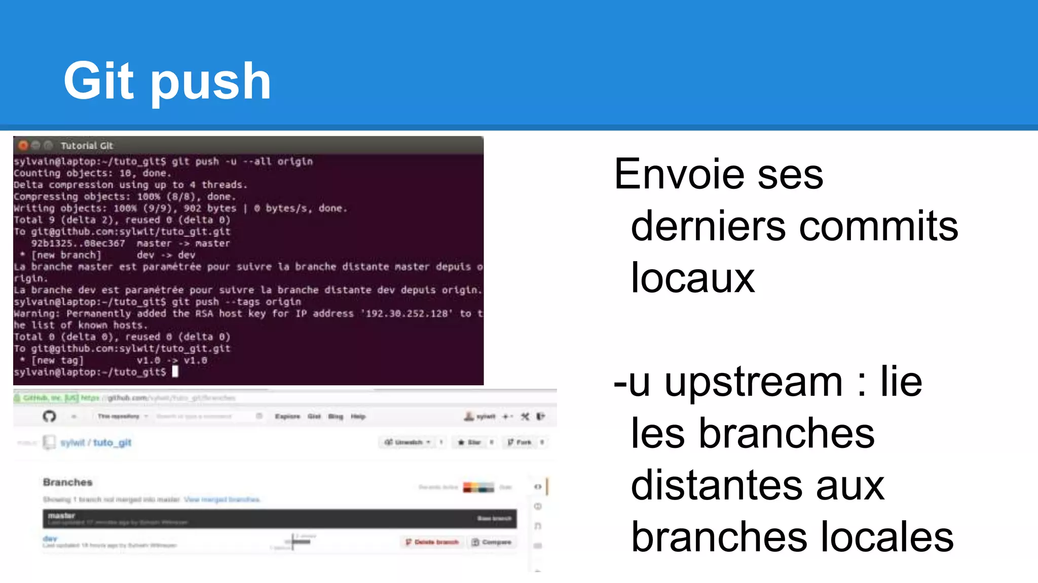 Git push
Envoie ses
derniers commits
locaux
-u upstream : lie
les branches
distantes aux
branches locales
 