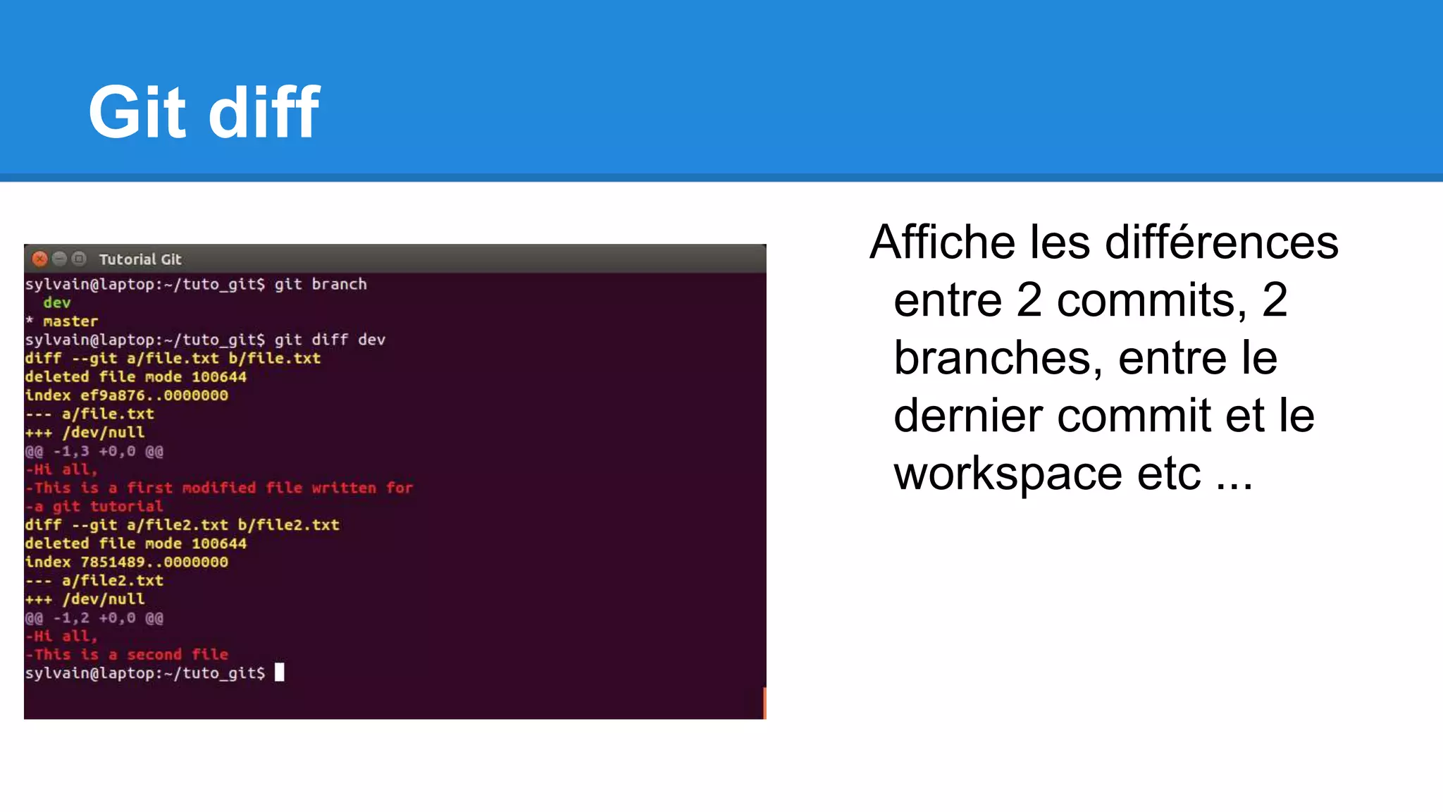 Git diff
Affiche les différences
entre 2 commits, 2
branches, entre le
dernier commit et le
workspace etc ...
 