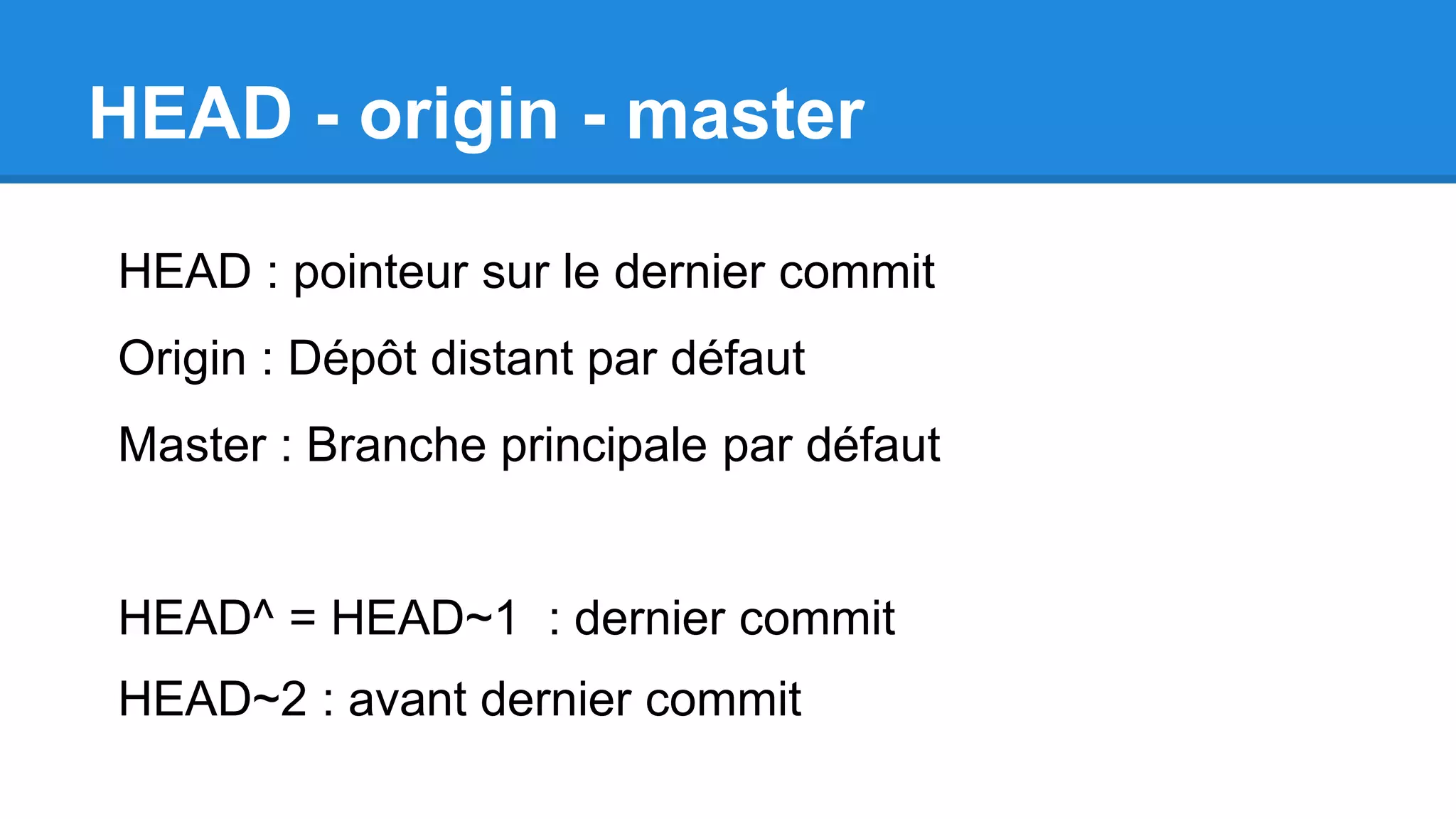 HEAD - origin - master
HEAD : pointeur sur le dernier commit
Origin : Dépôt distant par défaut
Master : Branche principale par défaut
HEAD^ = HEAD~1 : dernier commit
HEAD~2 : avant dernier commit
 