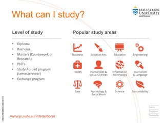 What can I study?
Level of study
• Diploma
• Bachelor
• Masters (Coursework or
Research)
• PhD’s
• Study Abroad program
(semester/year)
• Exchange program
Popular study areas
 