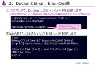 7
２．DockerでElixir：Elixirの起動
以下コマンドで、Docker上のElixirイメージを起動します
※紫字の部分は、【ローカルPCの共有したいパス】:【Docker上でマウントされるパス】
ElixirのREPL (対話シ...