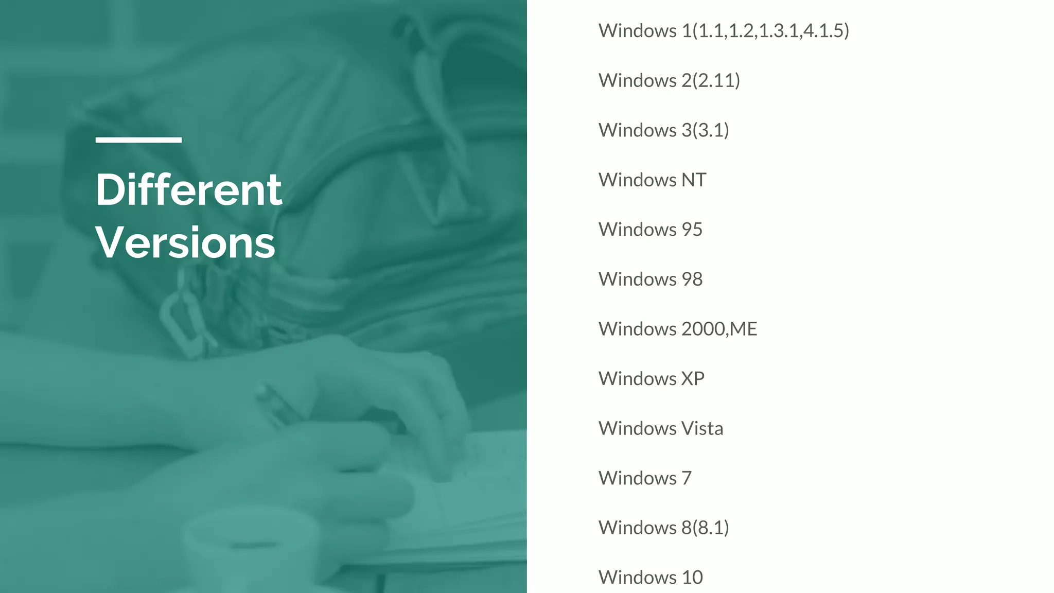 Different
Versions
Windows 1(1.1,1.2,1.3.1,4.1.5)
Windows 2(2.11)
Windows 3(3.1)
Windows NT
Windows 95
Windows 98
Windows 2000,ME
Windows XP
Windows Vista
Windows 7
Windows 8(8.1)
Windows 10
 
