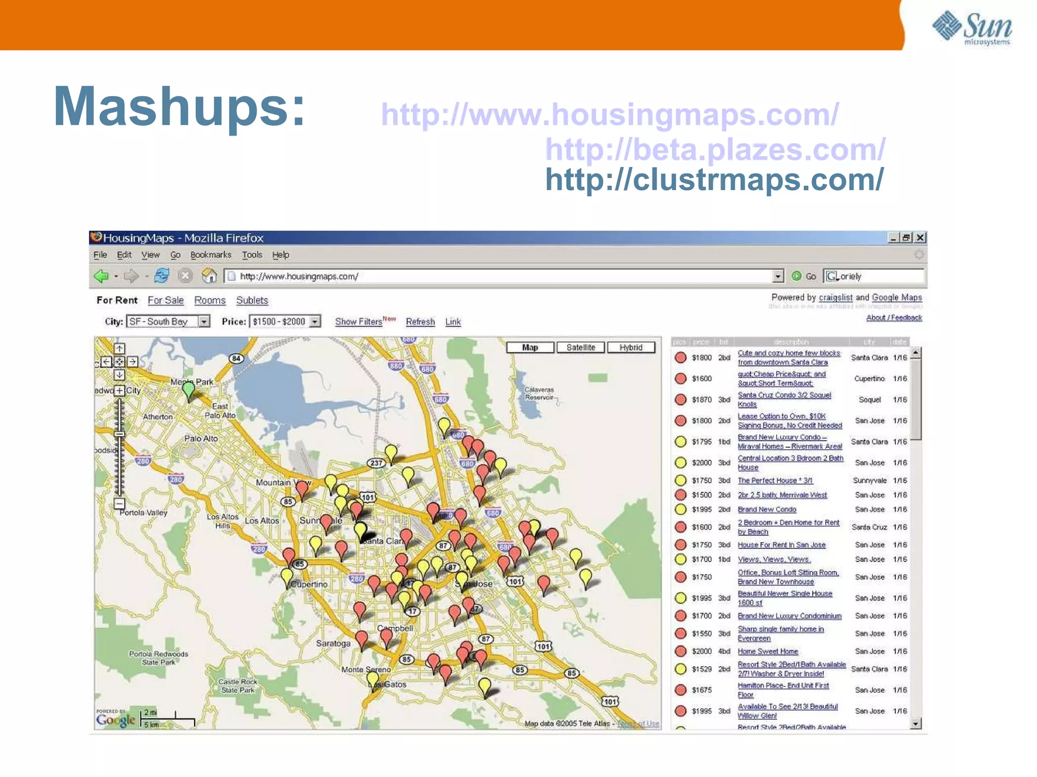 Mashups:  http://www.housingmaps.com/   http://beta.plazes.com/   http://clustrmaps.com/   