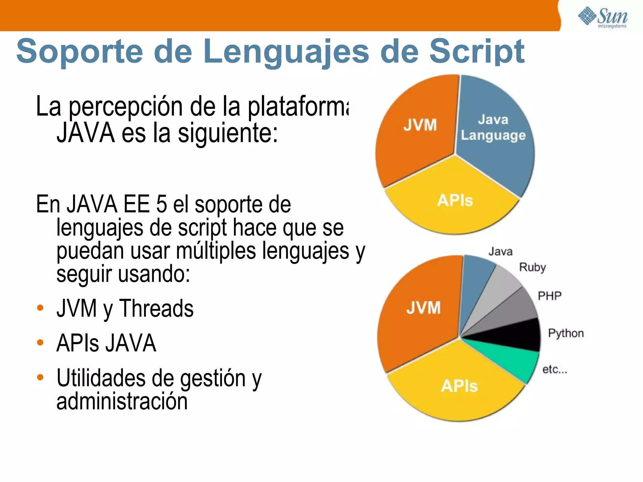 Soporte de Lenguajes de Script La percepción de la plataforma JAVA es la siguiente: En JAVA EE 5 el soporte de lenguajes de script hace que se puedan usar múltiples lenguajes y seguir usando: JVM y Threads APIs JAVA Utilidades de gestión y administración 