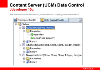 Content Server (UCM) Data Control Jdeveloper 10g http :// download . oracle . com / docs / cd /E12524_01/ webcenter .1013/e12434/ jpsdg _ content . htm #CHDHHDIJ   