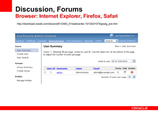 Discussion, Forums Browser: Internet Explorer, Firefox, Safari http://download.oracle.com/docs/cd/E12483_01/webcenter.1013/b31074/jpsdg_jive.htm 